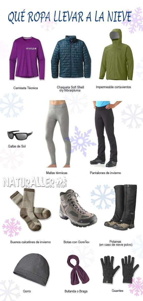 Ropa esencial para la nieve: camiseta, chaqueta, impermeable.