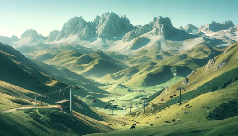 Paisaje montañoso con pradera verde y telesillas.