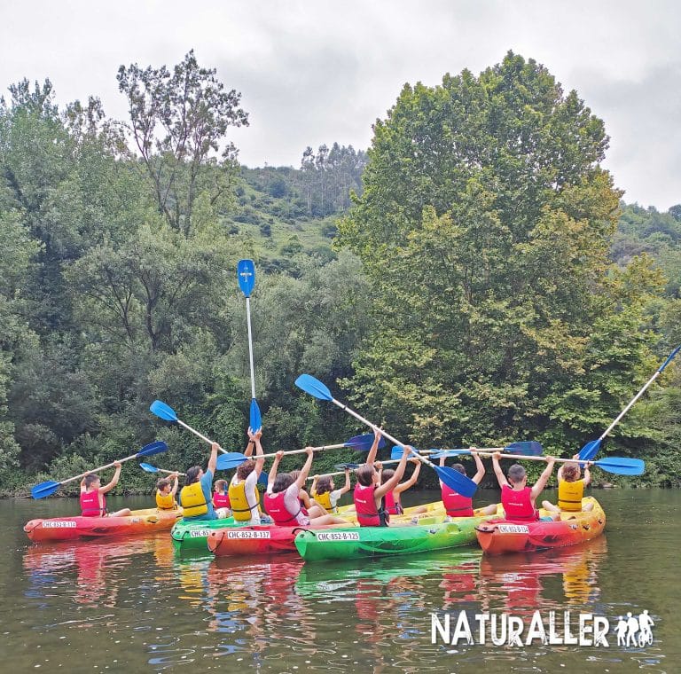 Grupo de personas haciendo kayak en un río rodeado de naturaleza, con kayaks de colores brillantes y remos levantados, disfrutando de una actividad al aire libre.